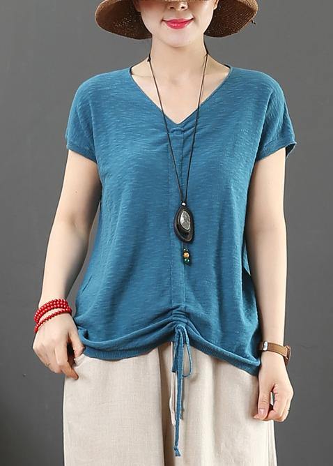 Loose white cotton tunic v neck drawstring Plus Size Clothing tops - SooLinen