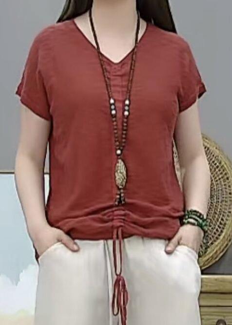 Loose white cotton tunic v neck drawstring Plus Size Clothing tops - SooLinen