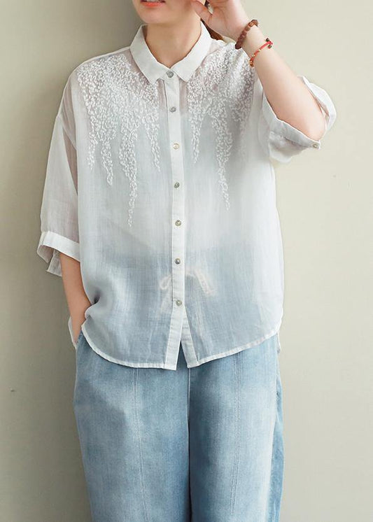 Loose white embroidery linen tops women blouses lapel half sleeve oversized top - SooLinen