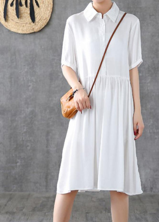 Loose white lapel Cinched Dress - SooLinen