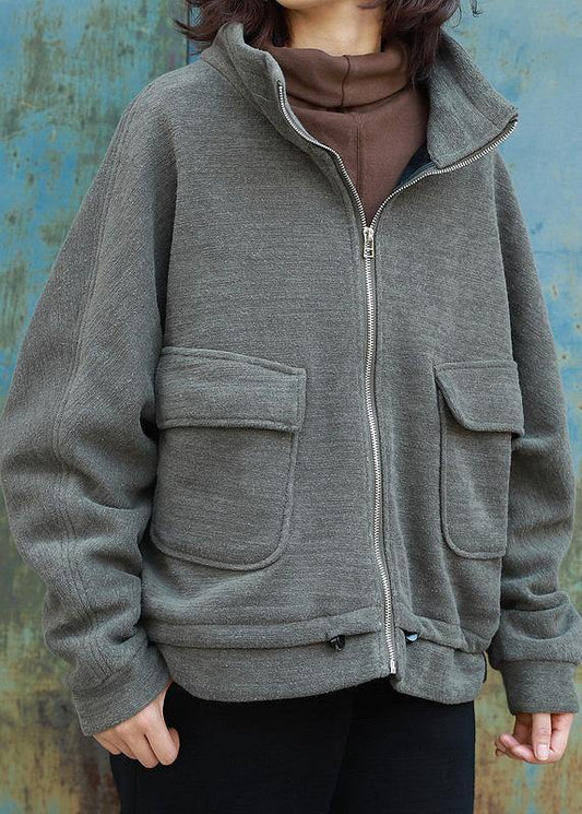 Loose zippered Fashion high neck casual coats women army green daily outwear - SooLinen