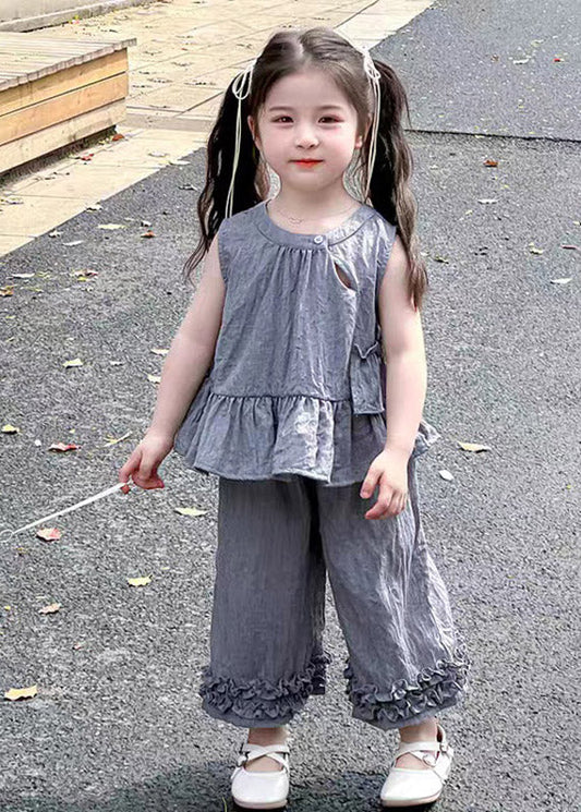 Lovely Grey Ruffled Patchwork Kids T Shirt And Crop Pants Two Piece Set Sleeveless