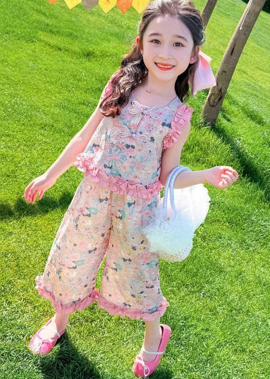 Lovely Pink Print Ruffled Girls Top And Crop Pants Set Two Piece Set Summer