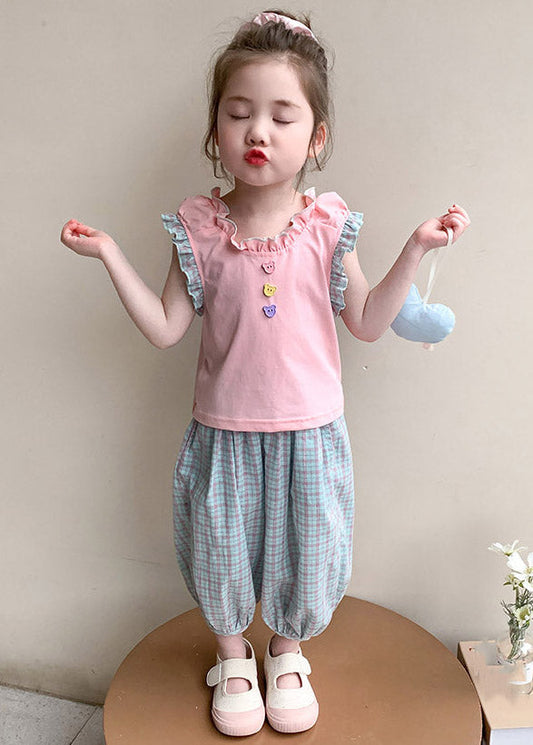 Lovely Pink Ruffled Patchwork Girls T Shirt And Crop Pants Two Pieces Set Summer