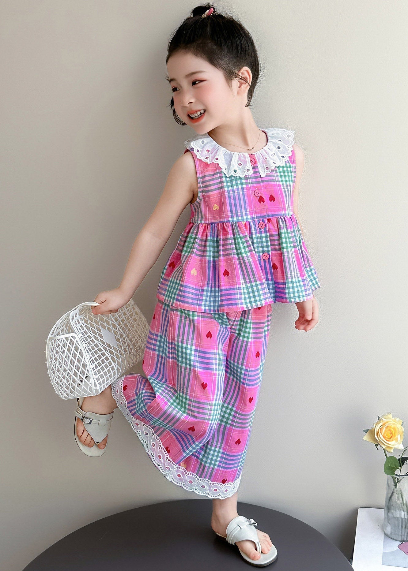 Lovely Pink Striped Patchwork Girls T Shirt And Wide Leg Pants Two Piece Set Sleeveless