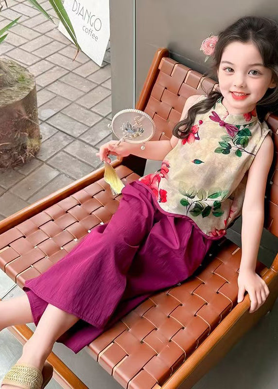 Lovely Purple Print Chinese Button Cotton Baby Girls Two Pieces Set Sleeveless