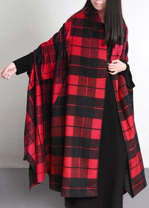 Luxury plus size clothing long winter coat outwear red plaid asymmetric wool coat - SooLinen