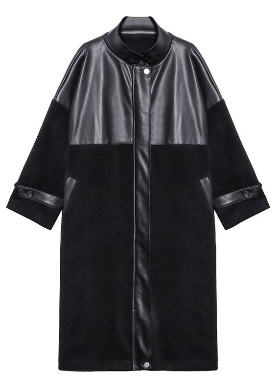 Luxus Schwarz Woolen Patchwork PU reißverschluss Winter Baumwolle Frauen Mäntel