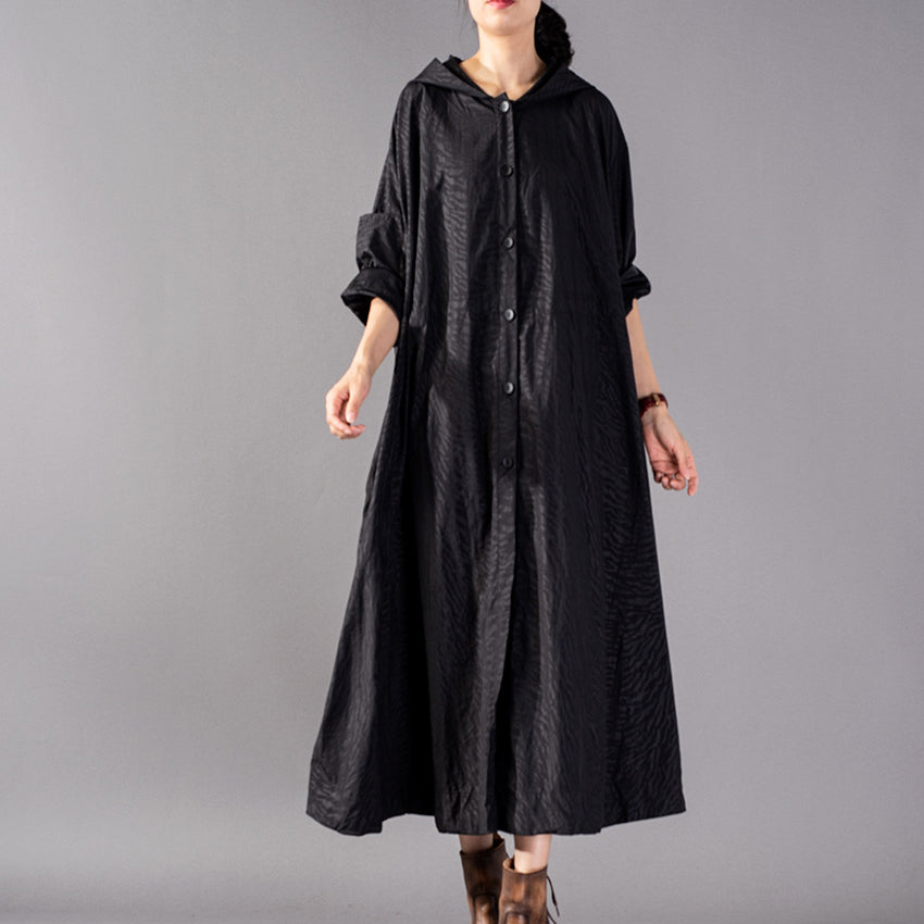 Luxuriöser schwarzer Mantel, übergroßer modischer Trenchcoat mit Kapuze, feiner, weiter Wintermantel