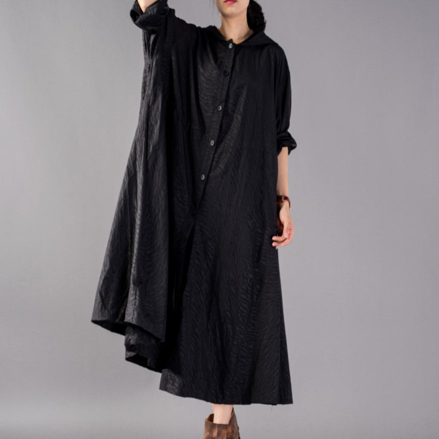 Luxuriöser schwarzer Mantel, übergroßer modischer Trenchcoat mit Kapuze, feiner, weiter Wintermantel