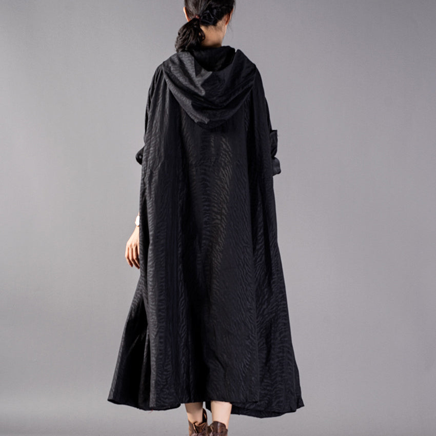 Luxuriöser schwarzer Mantel, übergroßer modischer Trenchcoat mit Kapuze, feiner, weiter Wintermantel