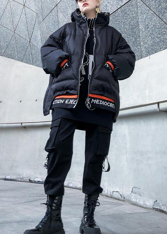 Luxury black print women parka oversize hooded thick zippered winter outwear - SooLinen