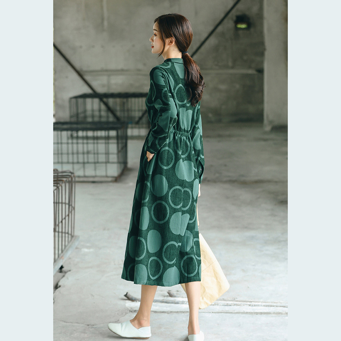 Luxuriöser schwarzgrün gepunkteter Maximantel lässiger Jacquard Peter Pan Kragen Feine Baggy Kleider