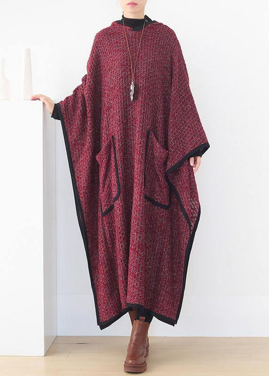 Luxury burgundy woolen outwear oversize hooded large hem long outwear - SooLinen