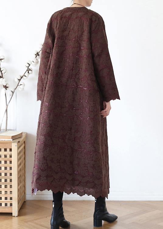 Luxury chocolate women coats oversize warm winter coat o neck Jacquard outwear - SooLinen