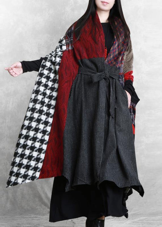 Luxury floral Woolen Coat Women Loose fitting v neck patchwork tie waist maxi coat - SooLinen