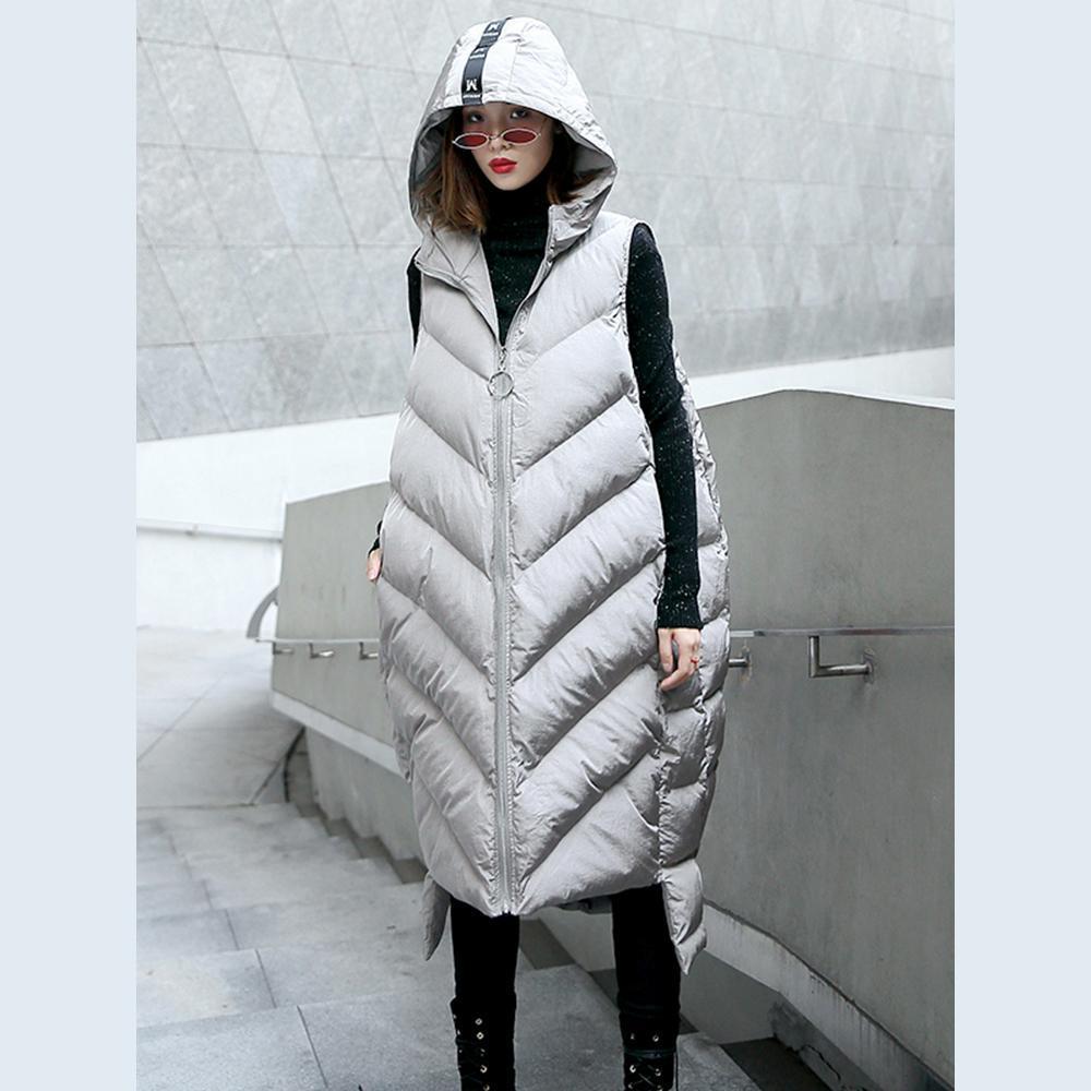 Luxus graue Daunenjacke lässiger Steppmantel mit Kapuze und Reißverschluss für Damen Ärmellose Oberbekleidung
