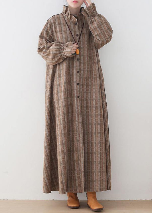 Luxury khaki plaid Wool jackets trendy plus size mid-length coats stand collar Button Down coat - SooLinen