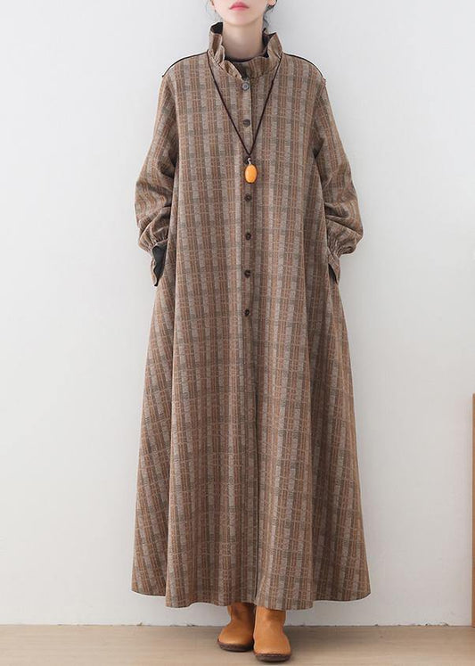 Luxury khaki plaid Woolen Coats plus size medium length jackets pockets Button Downwinter coat - SooLinen