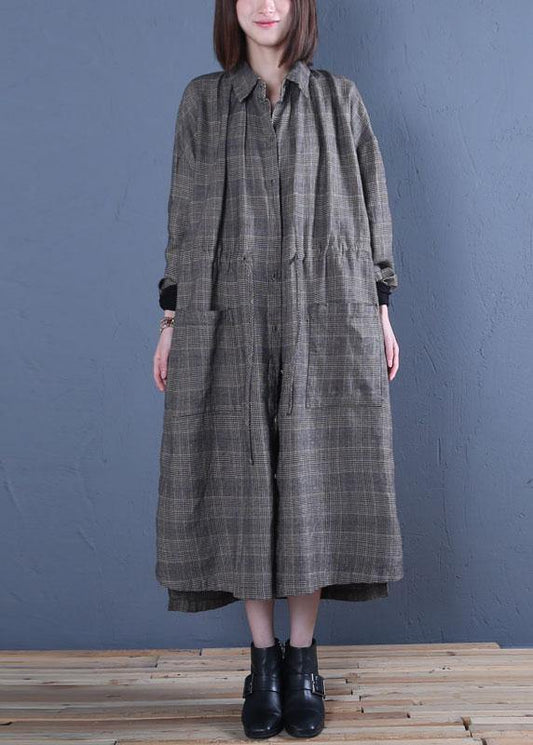 Luxury oversized long winter coat fall gray plaid drawstring coat - SooLinen