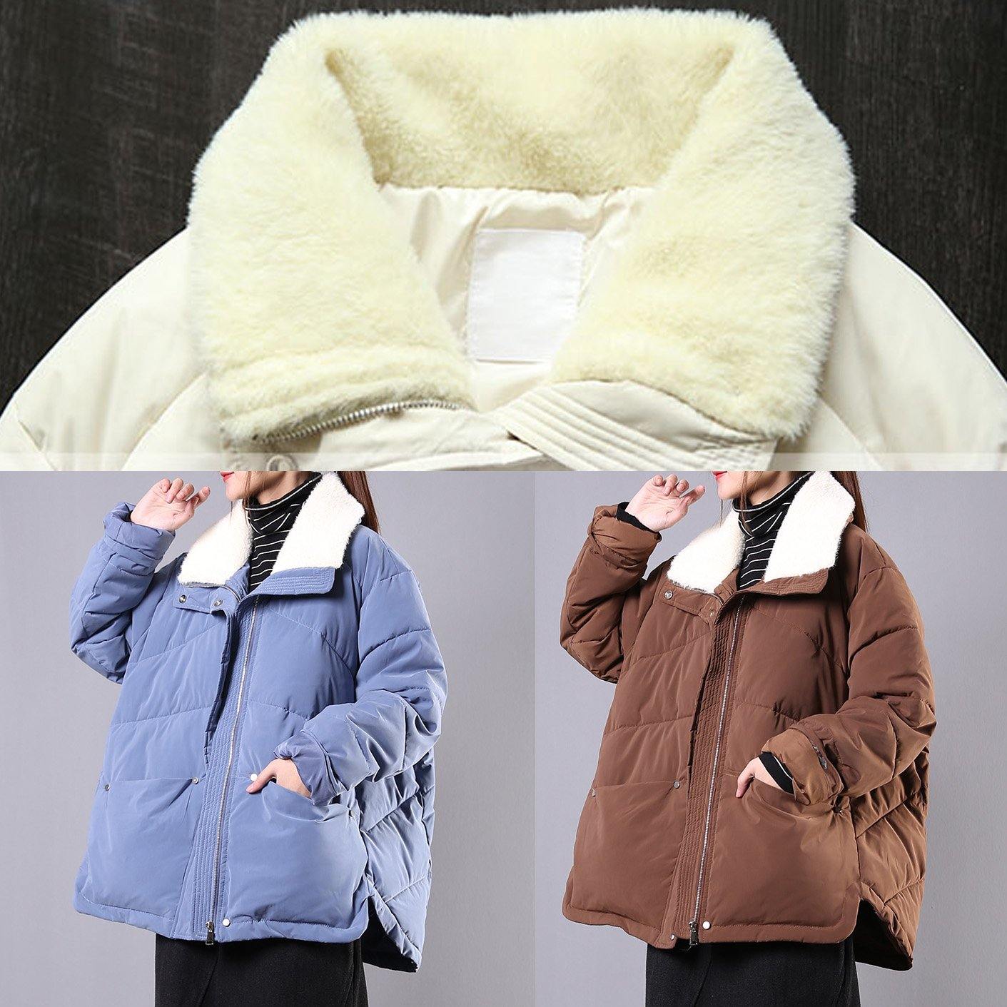 Luxury plus size lapel winter outwear beige pockets zippered women parka - SooLinen