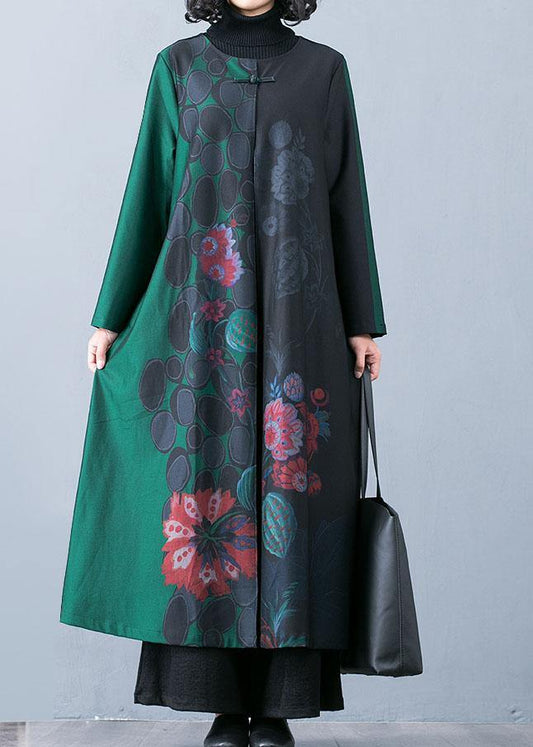 Luxury plus size maxi coat fall trench coats green prints o neck overcoat - SooLinen