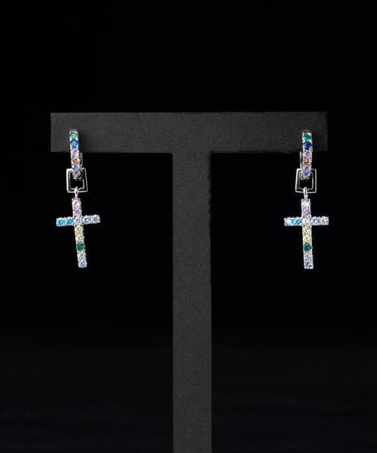 Regenbogen-Ohrringe aus Sterlingsilber mit Zirkonia-Kreuz