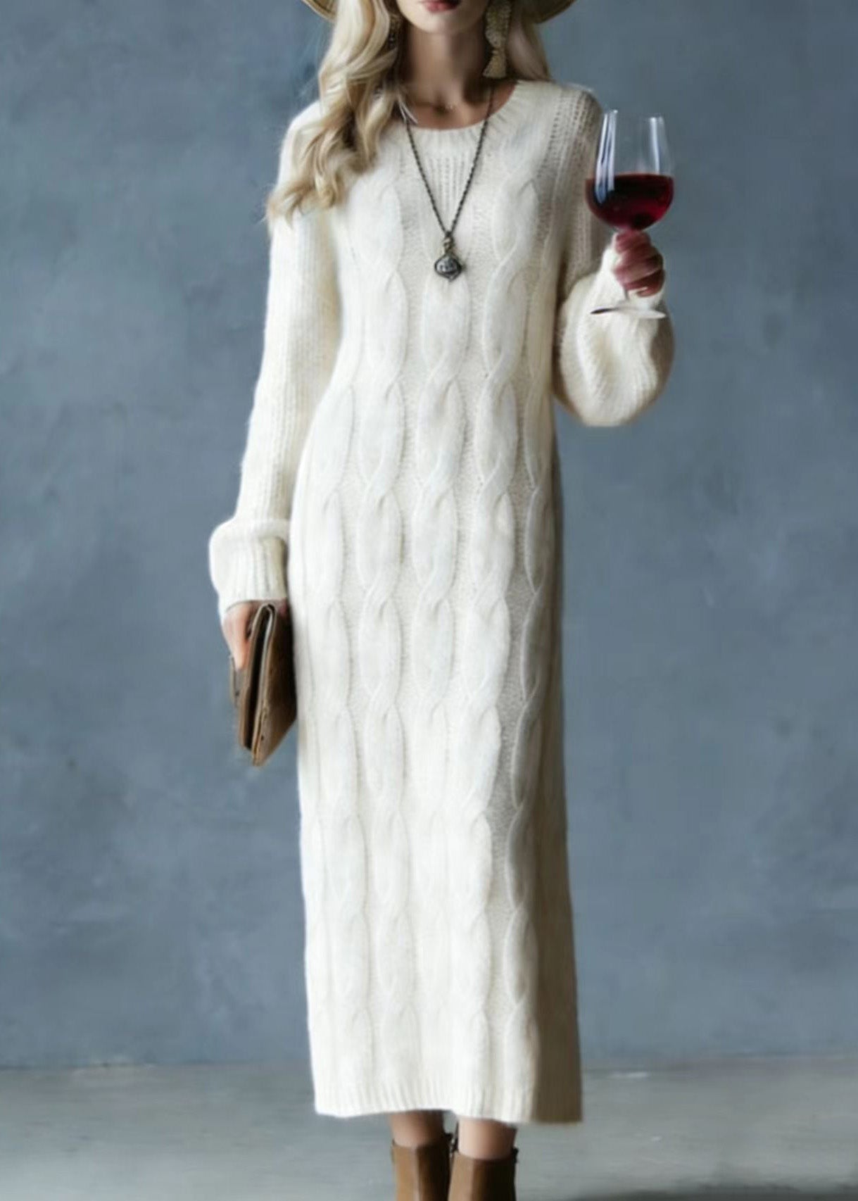 Modern Apricot O Neck Cozy Warm Knit Sweater Dress Spring