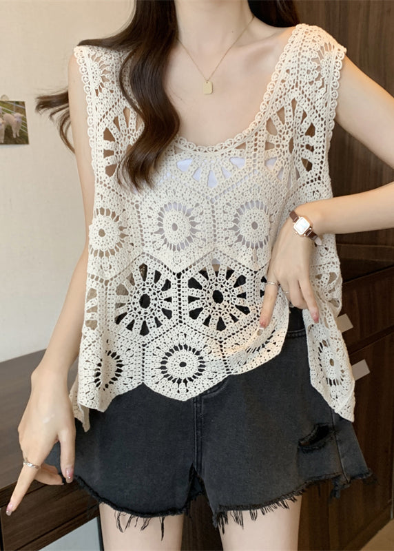 Modern Apricot V Neck Hollow Out Vests Summer
