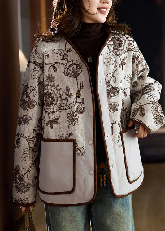 Modern Beige Embroidered Pockets Fine Cotton Filled Linen Coat Winter