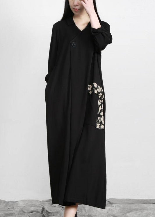 Modern Black Patchwork Print V Neck Pockets Fall Dresses - SooLinen