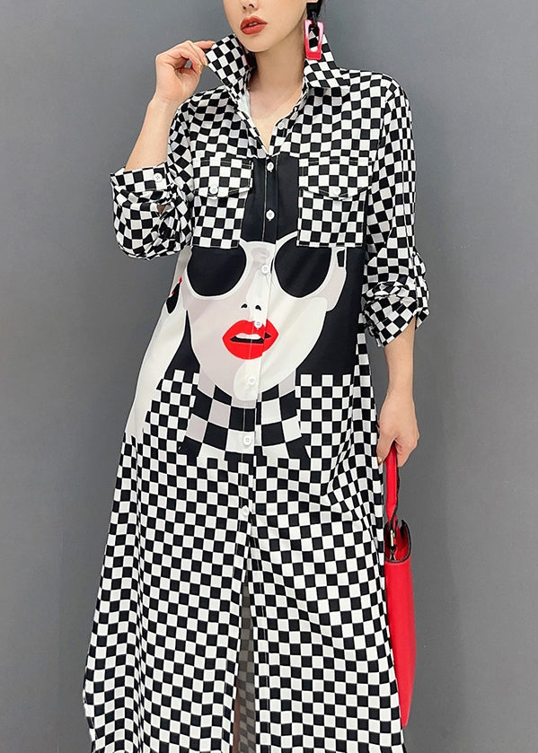 Modern Black Plaid Side Open Chiffon Shirt Dresses Spring