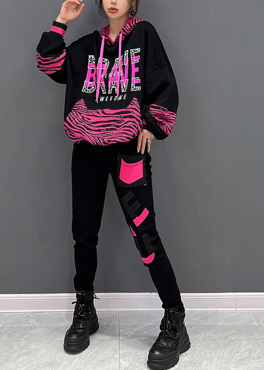Moderner schwarzer Print Kapuzenpullover und Hose Zweiteiler Set Herbst