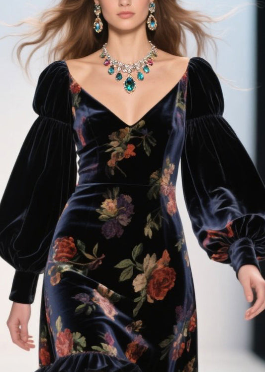 Vestido de noche moderno de terciopelo de seda con estampado de patchwork y volantes negros para primavera