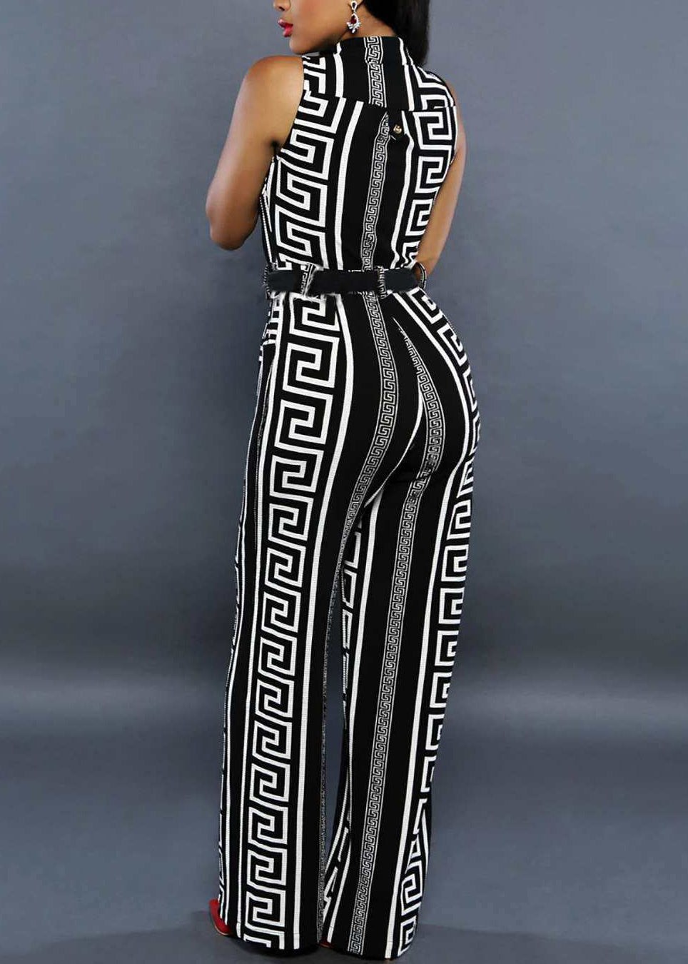Modern Black Stand Collar Print Overalls Jumpsuit Summer