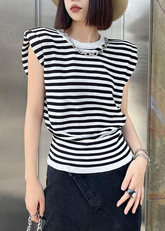 Modern Black Striped Summer Tee Short Sleeve Cold Shoulder - SooLinen