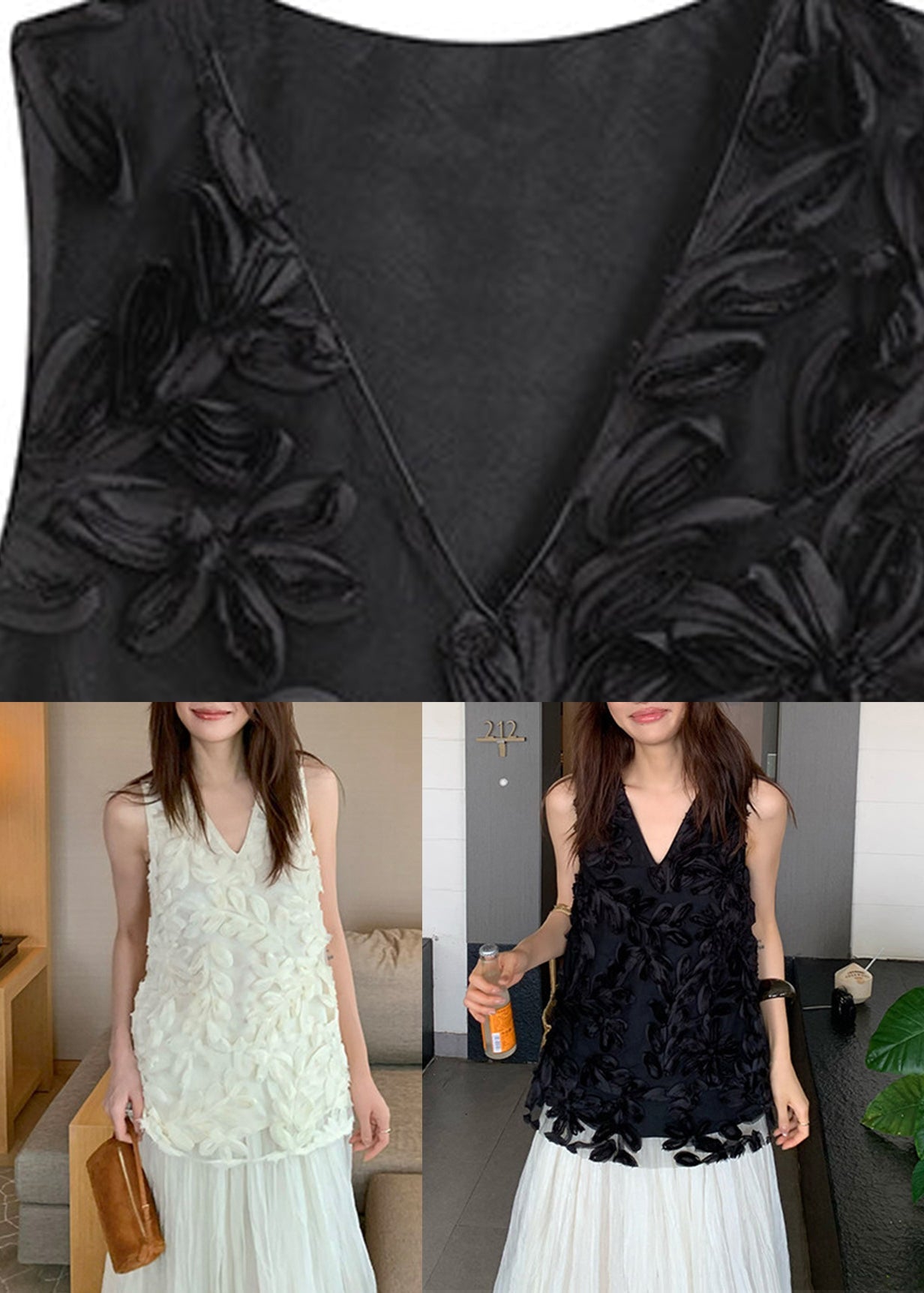 Modern Black V Neck Solid Tulle Vest Sleeveless
