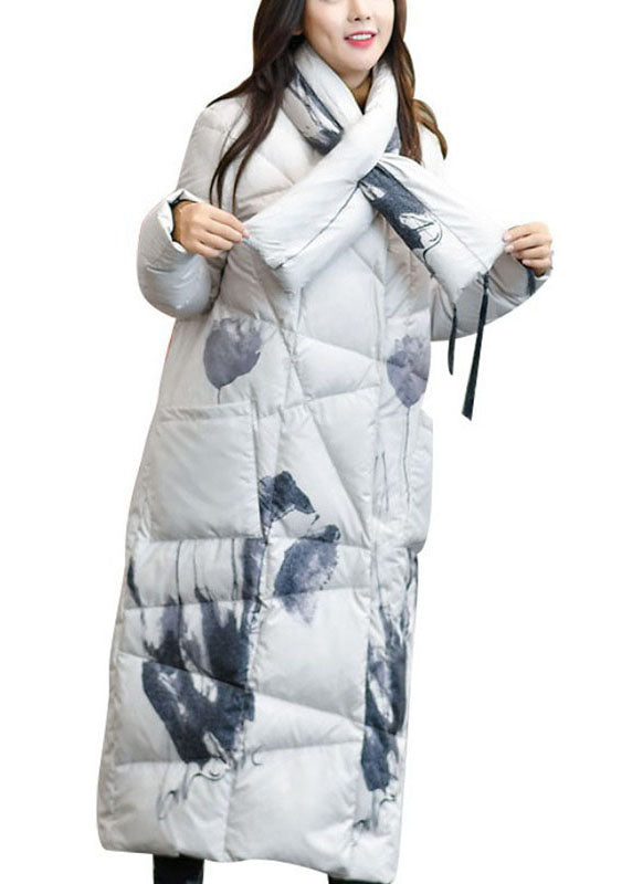 Moderner schwarzer Retro-Print mit Taschen, warmer Daunenmantel für den Winter