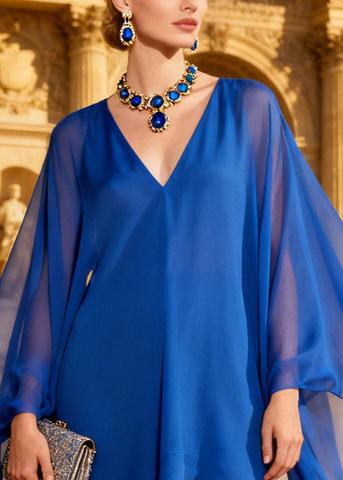 Modern Blue Asymmetrical Chiffon Beach Dresses Batwing Sleeve