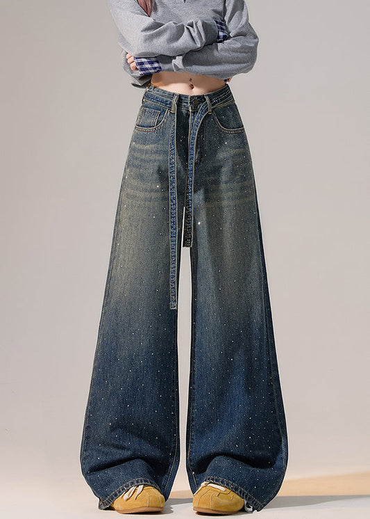 Moderne blaue Farbverlaufs-Zirkonia-Schnür-Denim-Hose mit weitem Bein für den Frühling