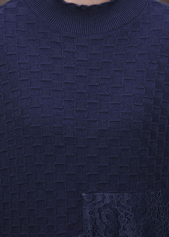 Moderne Blaue Strick Patchwork Spitze Urlaubskleider Frühling