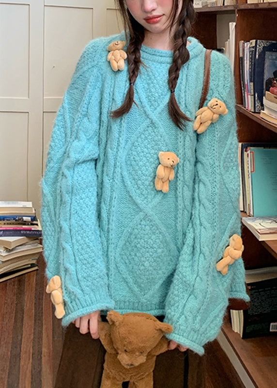 Suéteres de punto de algodón grueso con cuello redondo azul moderno de Little Bear Otoño