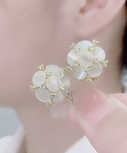 Modern Blue Overgild Zircon Cat's Eye Stone Floral Stud Earrings