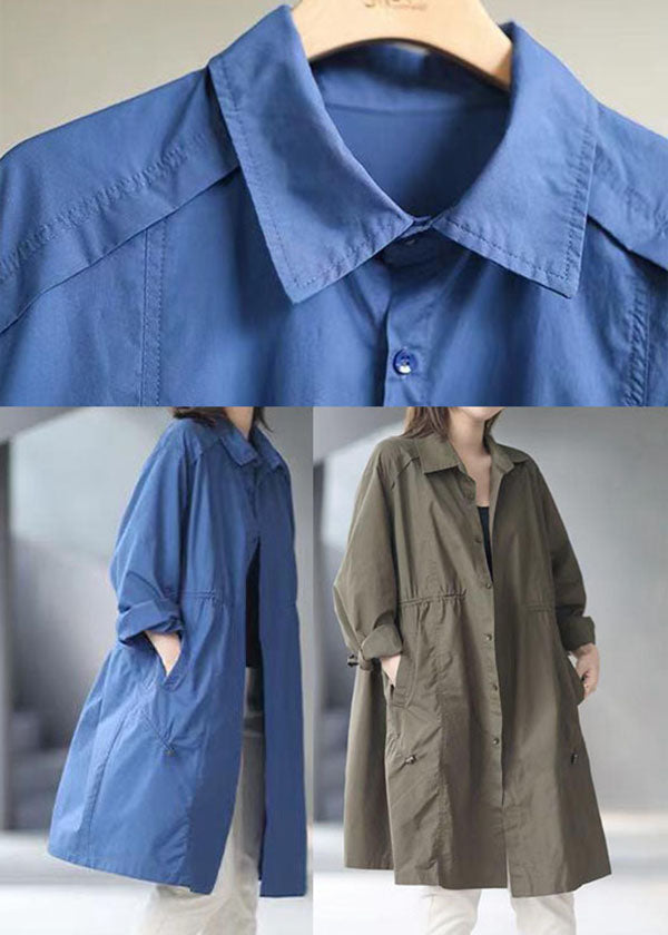 Moderne blaue Trenchcoats aus Baumwolle mit Peter-Pan-Kragen und Taschen für den Frühling