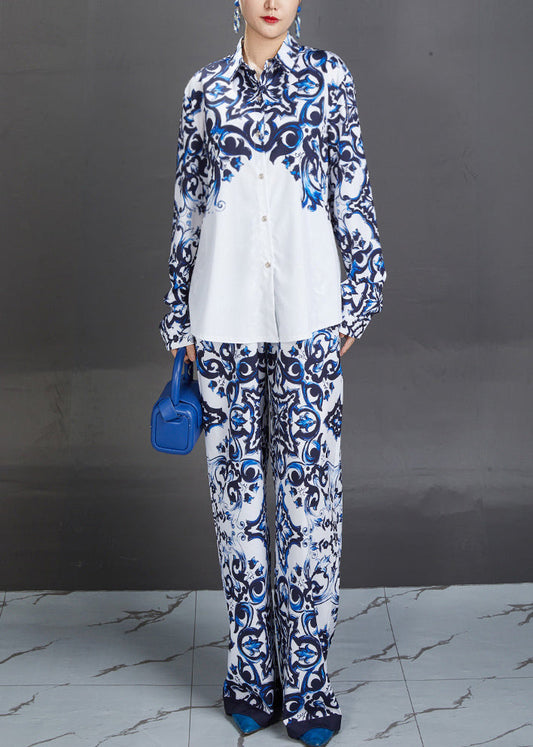 Modern Blue Peter Pan Collar Print Shirts And Straight Pants Two Piece Suit Set Fall