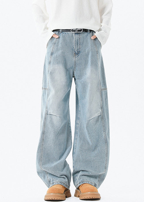 Modern Blue Pockets High Waist Patchwork Denim Men Pants Summer