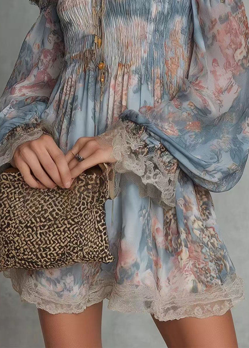 Modern Blue Print Slash Neck Wrinkled Patchwork Lace Shirts Long Sleeve