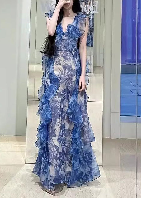 Modern Blue Ruffled Print Chiffon Long Dresses Summer
