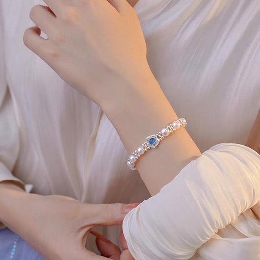 Modernes blaues Sterlingsilber-Armband mit vergoldeten eingelegten Edelsteinen und Perlen