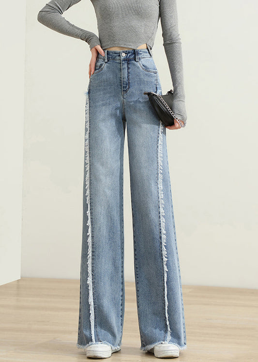 Modern Blue Tasseled Pockets Patchwork Denim Pants Spring